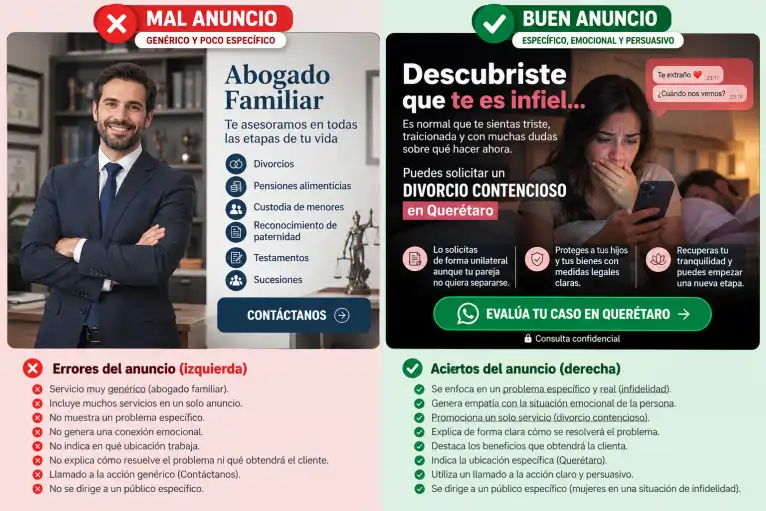 Comparación de anuncios de Meta Ads para abogados: anuncio genérico de servicios jurídicos frente a un anuncio efectivo de divorcio contencioso con segmentación, empatía y llamado a la acción.